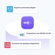 Ilustração destacando os principais recursos de um produto de áudio digital. Um ícone central com uma onda sonora é cercado por três benefícios: “Suporta autonomia digital”, “Compatível com WCAG 2.2 AA” e “Funciona em qualquer dispositivo”.